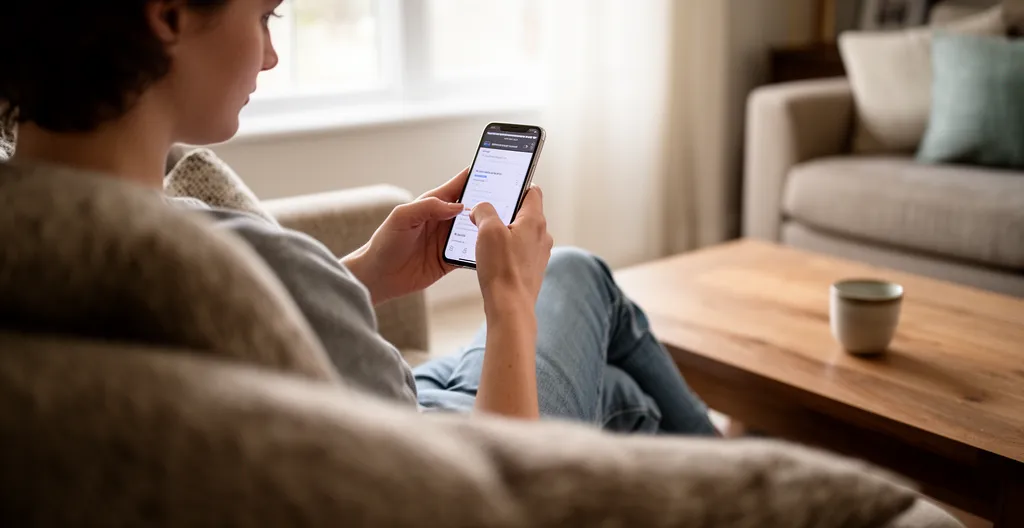 Persona consultando aplicación móvil sentada en sofá de casa