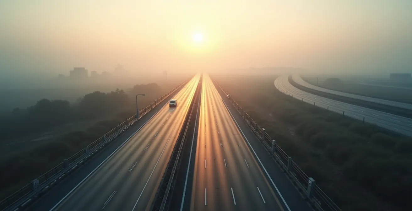 Vista aérea minimalista de autopista moderna con líneas convergentes hacia el horizonte