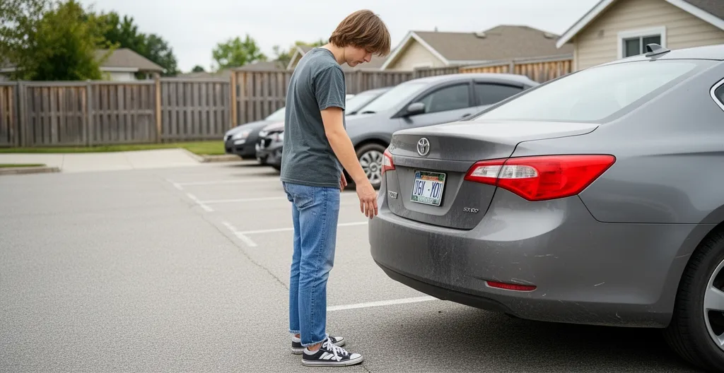 Persona revisando la parte trasera de un coche en parking residencial